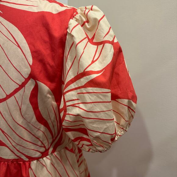 Hutch Coral Plumeria Print Puff Sleeve Tiered V-Neck Mini Dress Preppy Coastal - Picture 10 of 13